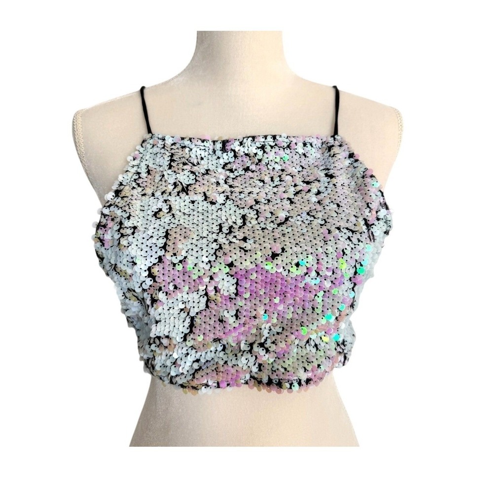 Motel Rocks Womens Iridescent Pearl Fishscale Sequin‎ Crop Top S Festival Edgy